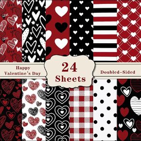 Valentine's Day Paper Pack - 12 Designs, 24 Sheets, Double-Sided Craft Paper for Scrapbooking, Card Making - Red & Black Heart Love Collection