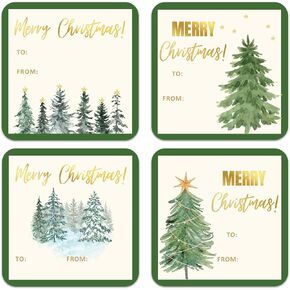 Mobiusea Creation Christmas Tree Gift Tags Labels | Gold Foil | Realistic Christmas Tree Design | 2 Inch | 60 Pcs Christmas Gift Labels | Christmas Adhesive Tags