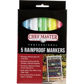 Chef-Master 90032 Waterproof Markers | 5 Different Vibrant Colors | Safe for Use on Outdoor Menu Signs | Smudge-proof & Rainproof Marker Pens | Easily Cleans with a Damp Cloth