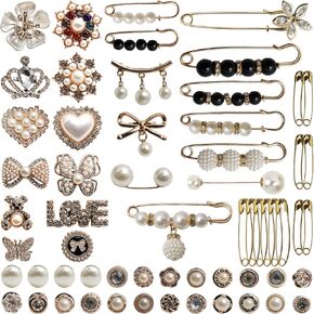 61 Pcs Charms for Socks Safety Pins Brooch, Junk Sock Charms Pins Gold Bling Sock Jewelry Charms Accessories Shoe Charms for Sneakers Rhinestone Pearl Brooch Pins for Women Clothes Dress Hats