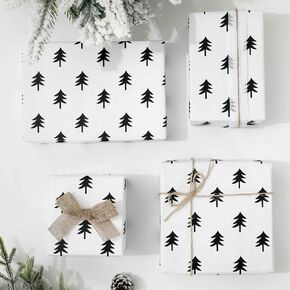 JarThenaAMCS Christmas Tree Wrapping Paper -Mini Roll- 17in x 32.8Ft White Black Gift Wrap Paper for Winter Xmas Party Wrapping Supplies