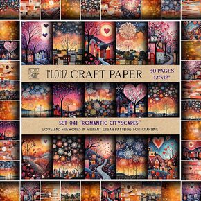 Scrapbook Paper (30 pages 12"x12") Romantic Cityscapes: Love and Fireworks in Vibrant Urban Patterns for Crafting FLONZ Vintage Styled Double Sided Paper Pad for Craft Cardmaking