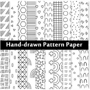 Whaline 40 Sheets Black White Doodle Pattern Paper Hand Drawn Squiggles Dots Scrapbook Paper Minimalist Double Sided Craft Paper For DIY Crafts Making Supplies, 6 x 6 Inch