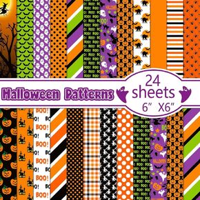 24 Sheets Halloween Patterns Scrapbook Paper Pads, 6x6in 24 Designs Pumpkin Ghost Spider Witch Boo Bats Patterns Art Craft Paper for Halloween Card Making Origami DIY