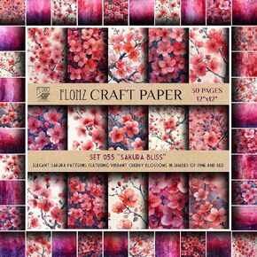 Scrapbook Paper (30 Pages 12"x12") Sakura Bliss: Elegant Sakura Patterns Featuring Vibrant Cherry Blossoms in Shades of Pink and Red FLONZ Vintage Styled Double Sided Paper Pad for Craft Cardmaking