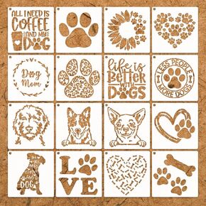 16Pcs Dog Stencils Painting Templates DIY: Dog Paw Print Stencils on Wood Reusable Love Dog Painting Stencil Templates Perfect for DIY Crafts Scrapbooks Wood Home Supplies