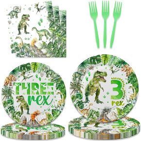 80 Pcs Watercolor Dinosaur 3rd Birthday Party Supplies 3 Rex Birthday Tableware Includes Plates, Forks, Napkins for Boys T-Rex Three Rex Dinosaur 3 Year Old Birthday Party Decorations Favors