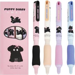 4 Pcs Cute Gel Pens Cartoon Pens Lift & Pull Pens Dog Puppy Pens 0.5mm Fine Point Black Ink Smooth Writing Pens Soft Grip Gel Pens Office School Supplies Women Girls Boys Men (Black Puppy)