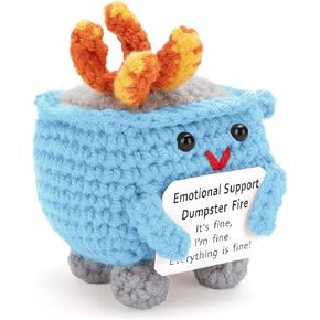 Emotional Support Dumpster Fire, Emotional Support Plush Crochet Dumpster Fire Handmade Doll with Positive Card, Cute Dumpster Fire Ornament Room Décor Knitting Toys Gifts (Green)