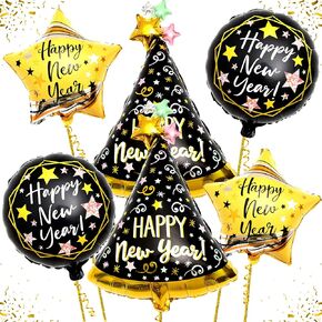 KatchOn, Happy New Year Balloons Set - Pack of 6 | 33 Inch, Hat New Year Foil Balloon for Happy New Years Decorations 2025 | New Years Eve Party Supplies 2025 | New Year Eve Balloon, NYE Decorations