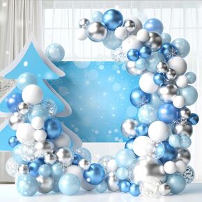 Winter Wonderland Balloons Garland with Blue Ice Backdrop&Snowflakes, 12 5 Inch Latex Metallic Blue White Silver Snowflake Balloon Arch Kit for Christmas Frozen Birthday Boy Baby Shower Decor