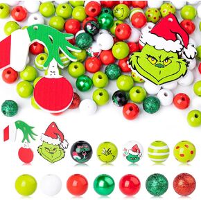 240Pcs Christmas Wooden Beads, 14 Styles, Red Green Cartoon Characters, Round Loose Beads for Decor and Crafts