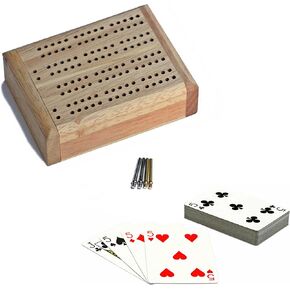 WE Games Wooden Travel Cribbage Board Set, Travel Crib Board with Swivel Top Opening and for Card Storage, 2 Track Cribbage Board Game Set with Cards and Pegs, Mini Board Games for Adults