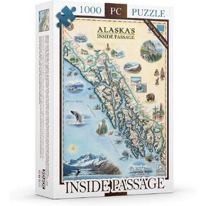 Alaska Inside Passage Map Cardboard Jigsaw Puzzle - 1000 Pieces, Hand-Illustrated - Educational, Family Activity, Ages 7+, Includes Poster - 25.4 x 19.8