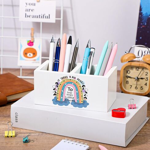 هدايا تقدير المعلم من maitys، منظم مكتب المعلم، حوامل أقلام خشبية، حامل قلم تقدير، منظم قلم سطح المكتب الأبيض، ديكور مكتب المعلم لمستلزمات المكتب، 6 × 2.7 × 3.1 بوصة in Kuwait