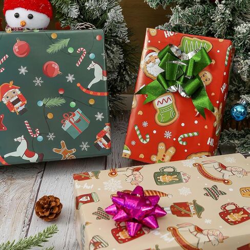 ورق تغليف عيد الميلاد من AUCLAY للأطفال الأولاد والبنات والأطفال - 8 أوراق كبيرة من ورق تغليف هدايا عيد الميلاد مع سانتا اللطيفة وكسارة البندق وخبز الزنجبيل وتصميم جنوم - مسطحة مطوية، 27 بوصة × 37 بوصة لكل ورقة in Saudi Arabia
