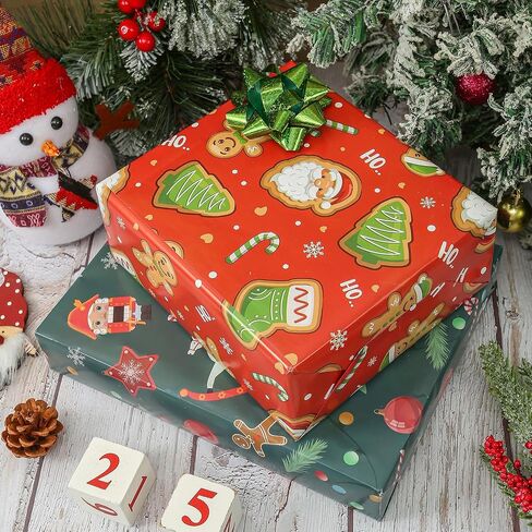 ورق تغليف عيد الميلاد من AUCLAY للأطفال الأولاد والبنات والأطفال - 8 أوراق كبيرة من ورق تغليف هدايا عيد الميلاد مع سانتا اللطيفة وكسارة البندق وخبز الزنجبيل وتصميم جنوم - مسطحة مطوية، 27 بوصة × 37 بوصة لكل ورقة in Saudi Arabia