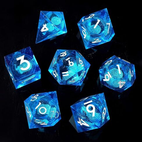 Liquid Core DND Dice Set, 7pcs Sharp Edge Dice for Role Playing Dungeons and Dragons Ttrpg with Gift Box, Handmade Resin D&D Dice RPG Role Playing Games Dice Set(Blue) in Saudi Arabia