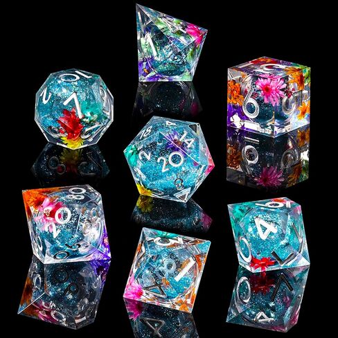 Liquid Core DND Dice Set, 7pcs Sharp Edge Dice for Role Playing Dungeons and Dragons Ttrpg with Gift Box, Handmade Resin D&D Dice RPG Role Playing Games Dice Set(Blue) in Saudi Arabia