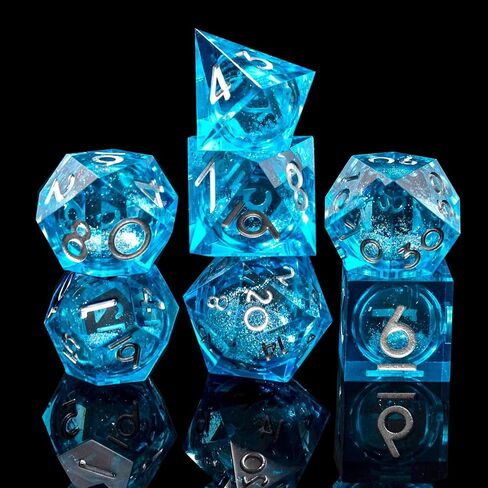 Liquid Core DND Dice Set, 7pcs Sharp Edge Dice for Role Playing Dungeons and Dragons Ttrpg with Gift Box, Handmade Resin D&D Dice RPG Role Playing Games Dice Set(Blue) in Saudi Arabia