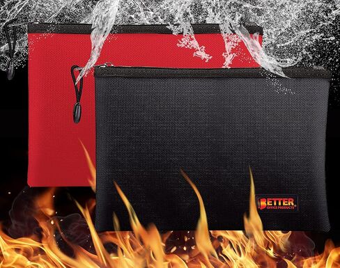 Better Office Products 2 Pack Fireproof Document Bag, 13.4" x 9.4", Storage Pouch with Zipper, Safe Storage Bag, Water-Resistant Material, Holder for Letter Size & A4 Documents (1 Red + 1 Black) in Kuwait