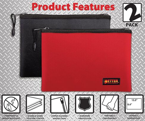 Better Office Products 2 Pack Fireproof Document Bag, 13.4" x 9.4", Storage Pouch with Zipper, Safe Storage Bag, Water-Resistant Material, Holder for Letter Size & A4 Documents (1 Red + 1 Black) in Kuwait