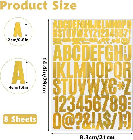 8 Sheets/816 PCS Letters Stickers Gold, 0.8 Inch and 1.6 Inch Vinyl Letter Number Stickers, Stick on Alphabet Stickers for Poster Board Mailbox Signs Scrapbook(8 Sheets) in Saudi Arabia