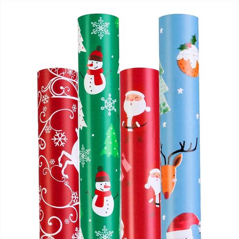 Christmas Wrapping Paper (4 Rolls: 148 sq. ft. ttl) Santa Claus Carrying Gifts, Pine Tree, Snowflakes Snowman Penguin Reindeer - Christmas Elements Collection - 30 inches x 14.8 feet Per Roll in Saudi Arabia