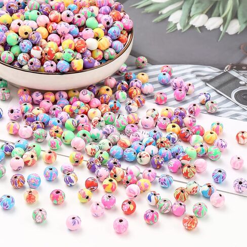 DAHI 100pcs 12mm Round Polymer Clay Beads Assorted Colorful Painted Flower Beads Handmade Loose Beads for Jewelry Making （12mm） in Saudi Arabia