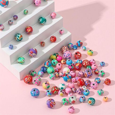 DAHI 100pcs 12mm Round Polymer Clay Beads Assorted Colorful Painted Flower Beads Handmade Loose Beads for Jewelry Making （12mm） in Saudi Arabia