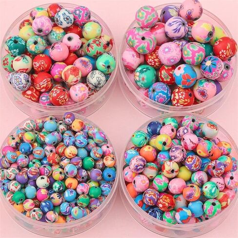 DAHI 100pcs 12mm Round Polymer Clay Beads Assorted Colorful Painted Flower Beads Handmade Loose Beads for Jewelry Making （12mm） in Saudi Arabia