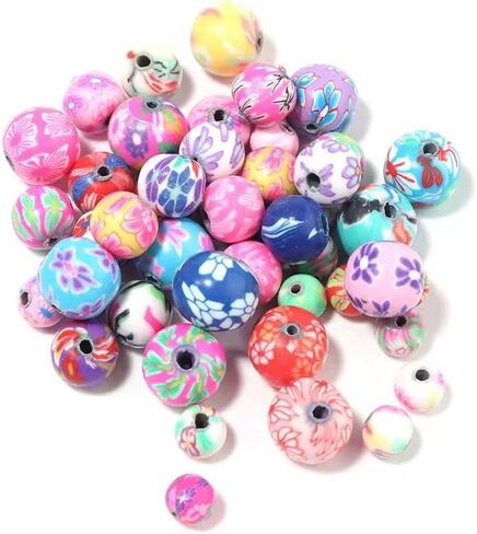 DAHI 100pcs 12mm Round Polymer Clay Beads Assorted Colorful Painted Flower Beads Handmade Loose Beads for Jewelry Making （12mm） in Saudi Arabia
