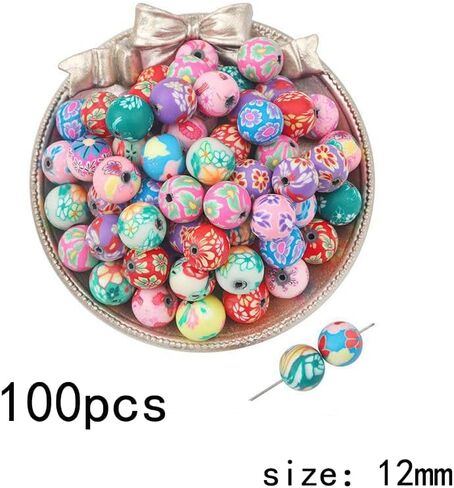 DAHI 100pcs 12mm Round Polymer Clay Beads Assorted Colorful Painted Flower Beads Handmade Loose Beads for Jewelry Making （12mm） in Kuwait