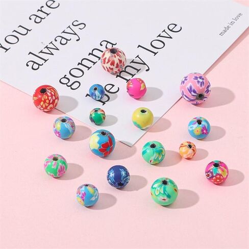 DAHI 100pcs 12mm Round Polymer Clay Beads Assorted Colorful Painted Flower Beads Handmade Loose Beads for Jewelry Making （12mm） in Kuwait