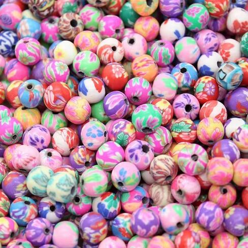 DAHI 100pcs 12mm Round Polymer Clay Beads Assorted Colorful Painted Flower Beads Handmade Loose Beads for Jewelry Making （12mm） in Kuwait