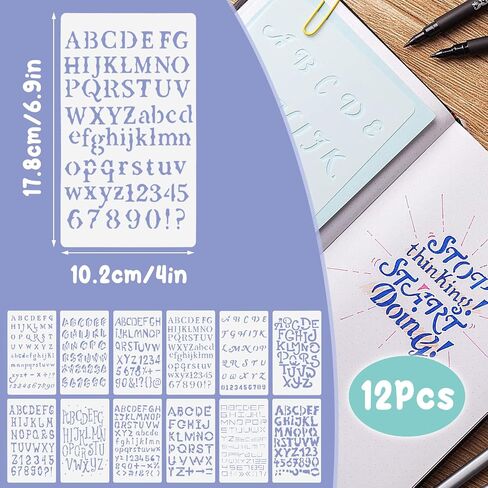 Letter Stencils, 12 PCS Alphabet Stencils for Painting Crafts Scrapbook Journal Multiple Styles Stencils for Crafts Reusable Waterproof Plastic Stencils Number Stencils (B) in Saudi Arabia