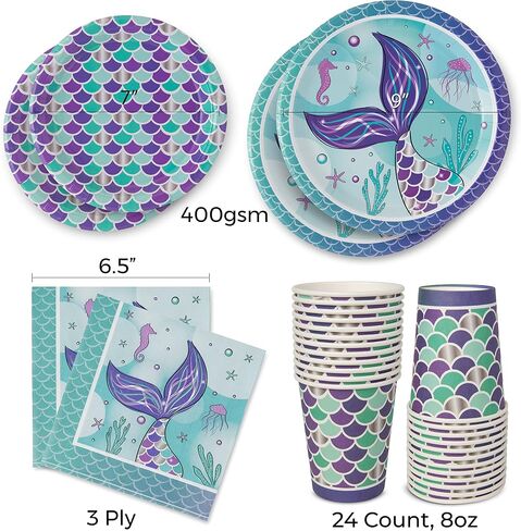 Royal Bluebonnet Mermaid Party Plates – 24 Sets of Mermaid Plates and Napkins Party Supplies, Mermaid Paper Plates, Mermaid Birthday Plates and Napkins, Mermaid Birthday Party Supplies in Saudi Arabia