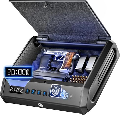 Gun Safe,Biometric Quick Access Gun Safe for Handguns 3-Ways Unlock Pistol Safe 100-Fingerprint Digital PIN Key Unlock with Time Battery Level Display,Gun Lock Box for Home Nightstand and Car in Saudi Arabia