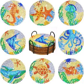 Praise V Do Diamond Painting Coasters Kit,8Pcs Beach Sea Ocean Diamond Painting Art Coasters with Holder Cork Base, DIY Diamond Art Coasters for Beginners, Adults