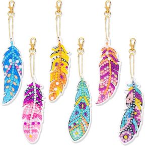 JSRQT 6 Pcs 5D Feather Diamond Art Painting Keychains, Double Sided Full Drill Diamond Pasted Painting Kit, DIY Diamond Art Hanging Pendant, Mosaic Painting Keyrings for Adults Purse Bag Key Decor