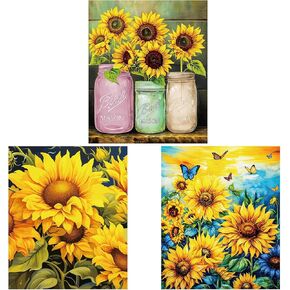 Hooqict 3 حزمة عباد الشمس الماس مجموعات الرسم الفني للبالغين المبتدئين، 5D DIY الحفر الكامل النقاط الماس لوحات مع الماس صور جوهرة الفن مجموعات الرسم مجموعات الحرف اليدوية لديكور جدار المنزل