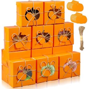 Watersay 24 Pcs Thanksgiving Treat Boxes with Present Tags, 4 x 4 x 2.5 Inch Fall Treat Boxes with Pumpkin Shaped Window Paper Gift Containers for Autumn Party Favors(Orange, Yellow, Green)