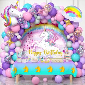 Winrayk 144Pcs Purple Unicorn Party Decorations Birthday Supplies for Girls, Purple Pink Blue Balloon Arch Kit with Backdrop Tablecloth Foil Balloons, Kids Rainbow Unicorn Themed Birthday Decorations