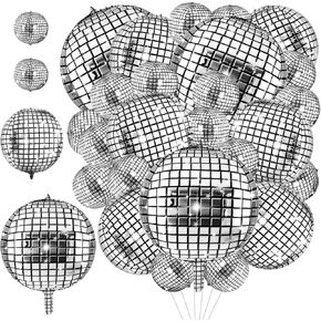 Lewtemi 48 Pcs Disco Ball Balloons 32 Inch 22 Inch 10 Inch Silver Disco Ball Decor 4d Laser Foil Metallic Mirror Balloons for 70s 80s Dance Party, New Year Christmas Decor and Birthday Wedding