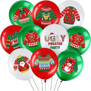 45 Pcs Christmas Balloons Ugly Sweater Balloon 12 Inch Red Green White Latex Balloons for Ugly Sweater Themed Party Christmas Party Decorations