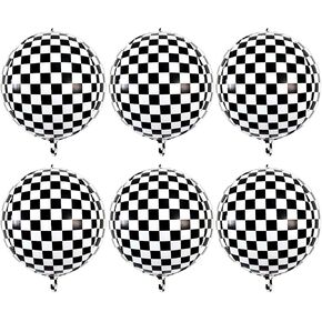 6 Pcs Black White Checkered Balloons 22 Inch, Big 4D Black White Round Checkered Balloons Mylar Foil Checkered Balloons for Race Car Themed Birthday Party Decorations Supplies