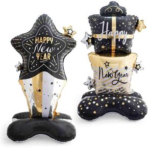 Happy New Years Balloons,Large Standing Gift Box with Star Balloon Balack Foil Balloons Set, 2025 New Years Gift Balloon with Base New Year Party Supplies Decorations 2 Pcs