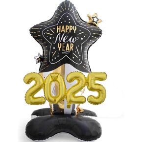Happy New Years Balloons,Large Standing Gift Box with Star Balloon Balack Foil Balloons Set, 2025 New Years Gift Balloon with Base New Year Party Supplies Decorations 2 Pcs