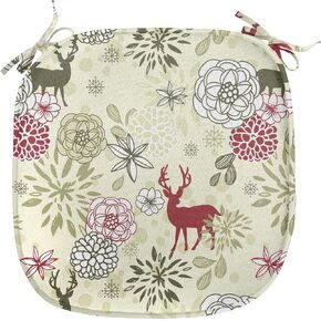 Ambesonne Winter Chair Seating Cushion Set of 4, Deer Silhouettes with Blossoming Flowers Abstract Christmas Nature, Anti-Slip Seat Padding for Kitchen & Patio, 16"x16", Olive Green Pale Green