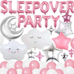 47 Pieces Sleepover Party Decoration Blue Sleepover Birthday Party Balloons Banner Cute Moon Star for Kids Boys Girls Pajamas Slumber Party Night Out Party Decoration (Black)